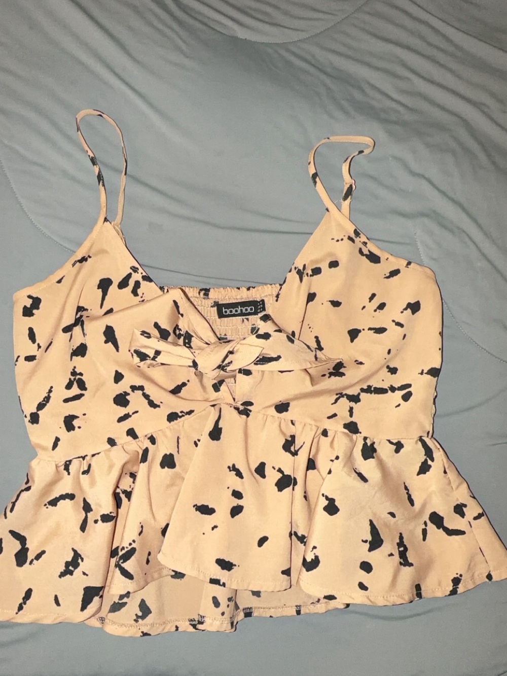 Boohoo Pink Spotted Tie-Front Peplum Cami